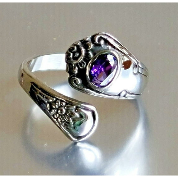 Stainless Steel Spoon Ring - Spoon Ring with Amethyst Cubic Zirconia & Flower by Mdream