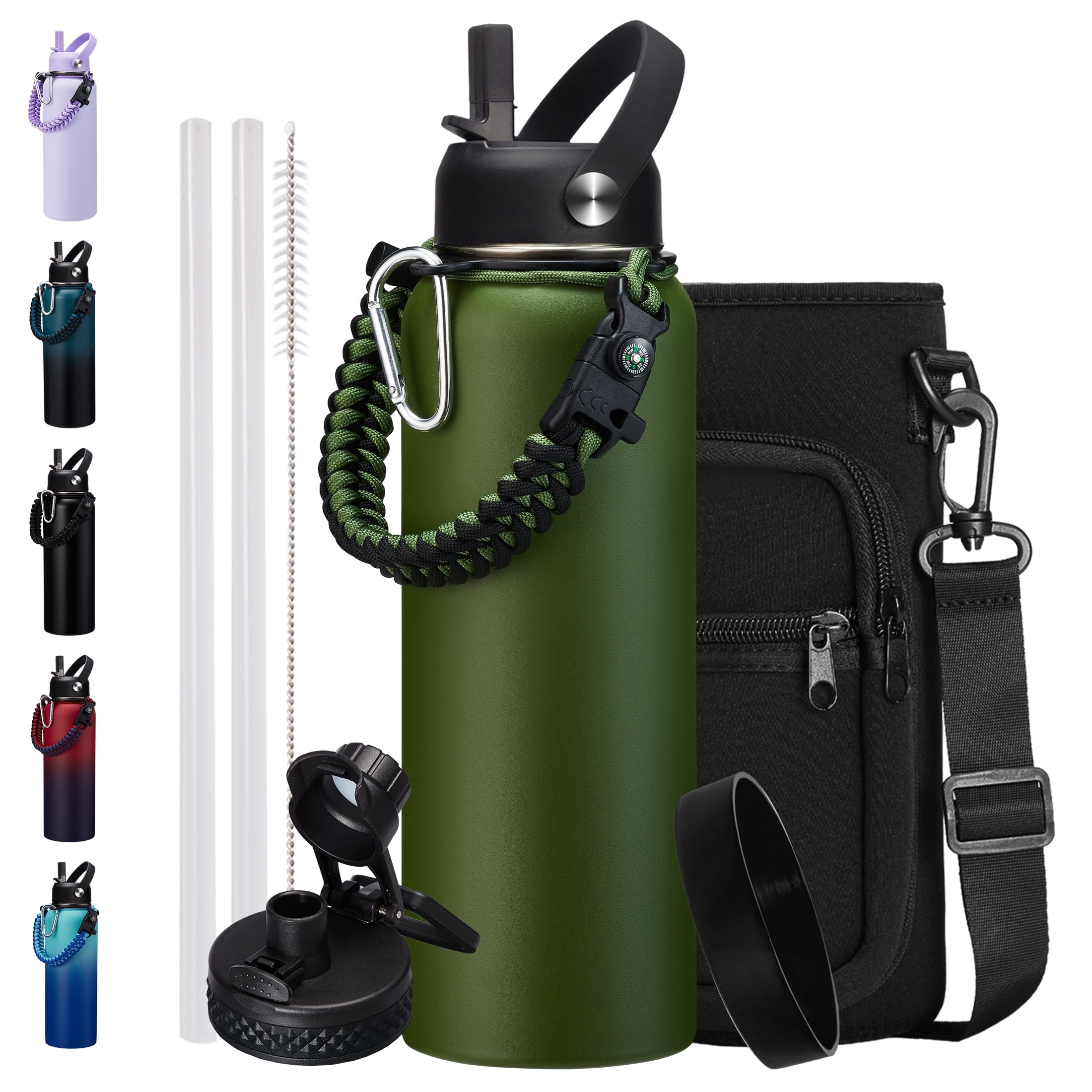 Stainless Steel Sports Water Bottle 40 Oz Insulated Water Jug with Straw & Auto Spout Lid, Paracord Handle, Bottle Sleeve, Cold 48H Hot 24H, Sweat-Proof Tactical Flask