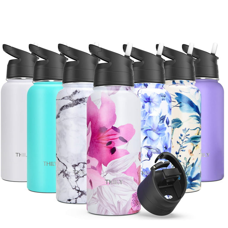 Stainless Steel Sports Water Bottle - THILY Vacuum Insulated 32 oz  Leakproof Wide Mouth Water Flask with 2 Lids and Straws, Keep Hot 12 Hours  Cold 36