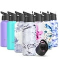 thumbnail image 1 of Stainless Steel Sports Water Bottle - THILY Vacuum Insulated 32 oz Leakproof Wide Mouth Water Flask with 2 Lids and Straws, Keep Hot 12 Hours Cold 36 Hours, BPA Free, White Marble, 1 of 4