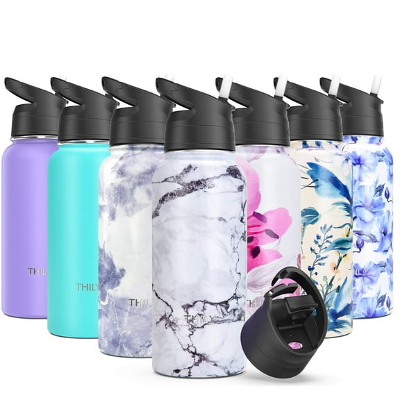 Stainless Steel Sports Water Bottle - THILY Vacuum Insulated 32 oz Leakproof Wide Mouth Water Flask with 2 Lids and Straws, Keep Hot 12 Hours Cold 36 Hours, BPA Free, White Marble