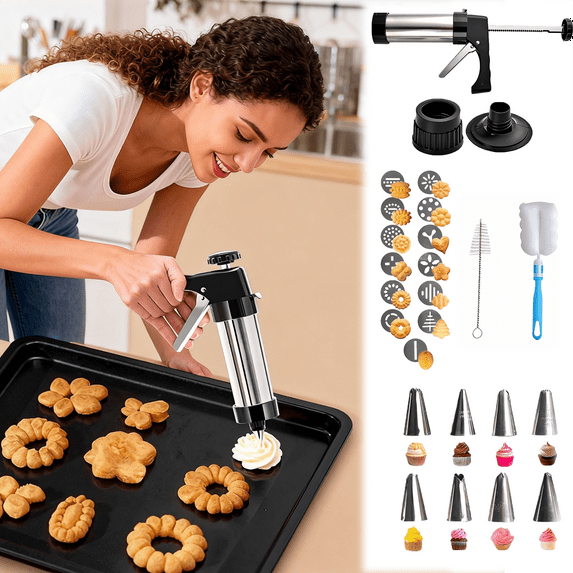 Stainless Steel Spritz Cookie Press with 13 Discs & 8 Icing Nozzles,Cookie Press Gun for DIY Christmas Cookies and Birthday Party Cakes,Gifts for Women(Comes with 2 Cleaning Brush)