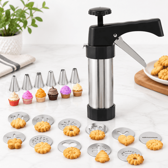 Stainless Steel Spritz Cookie Press Kit with Holiday Discs and Piping Tips