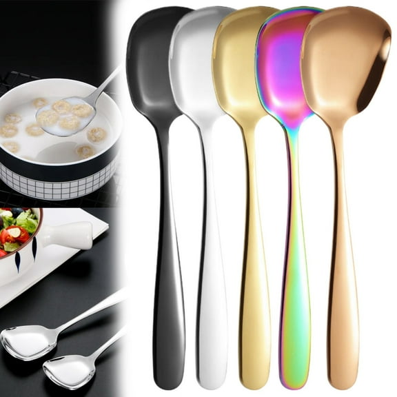 Stainless Steel Square Head Spoons, Korean Style Serving and Dinner Flat Spoon Set
