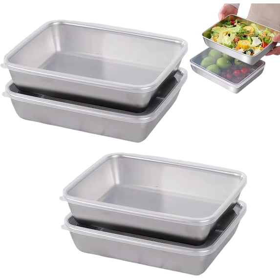 Stainless Steel Square Plate with Lid: 4 PCS Thickened Food Grade Baking Pans, Food Storage Container for Storing Food Baking Grilling Marinate, Reusable Dish Plate Cake Pan for Kitchen (Silver, L)
