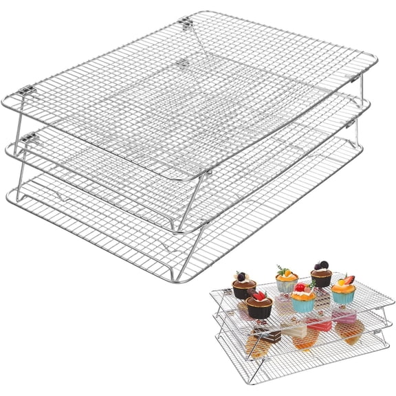 Stainless Steel Stackable Cooling Rack for Baking, 3-Tier Cooling Rack Set, Stackable Heavy Duty Stainless Steel Wire Racks, for Baking Cooking Grilling, Oven & Dishwasher Safe, 12"x 16.5",