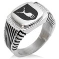thumbnail image 1 of Stainless Steel Stag Purity Coat of Arms Shield CZ Ribbed Needle Stripe Pattern Biker Style Polished Ring, 1 of 1