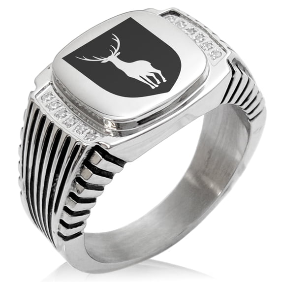 Stainless Steel Stag Purity Coat of Arms Shield CZ Ribbed Needle Stripe Pattern Biker Style Polished Ring