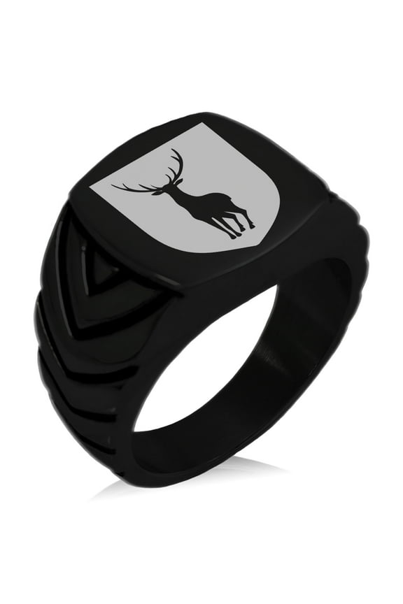 Stainless Steel Stag Purity Coat of Arms Shield Chevron Pattern Biker Style Polished Ring