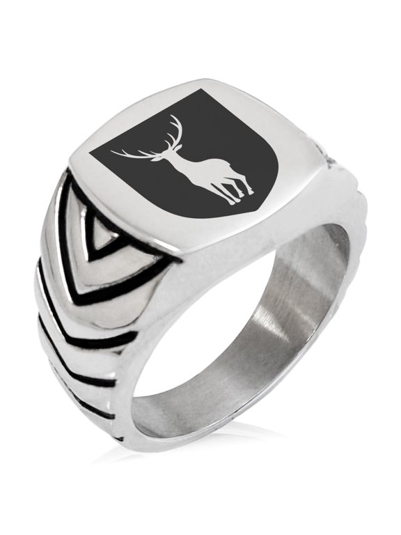 Stainless Steel Stag Purity Coat of Arms Shield Chevron Pattern Biker Style Polished Ring