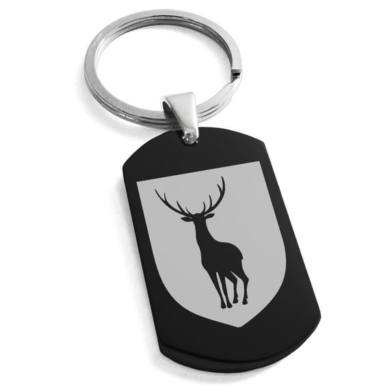 Tioneer Stainless Steel Stag Purity Coat of Arms Shield Engraved Dog Tag Celtic Keychain Keyring