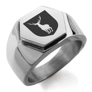 Stainless Steel Stag Purity Coat of Arms Shield Engraved Hexagon Crest Flat Top Biker Style Polished Ring