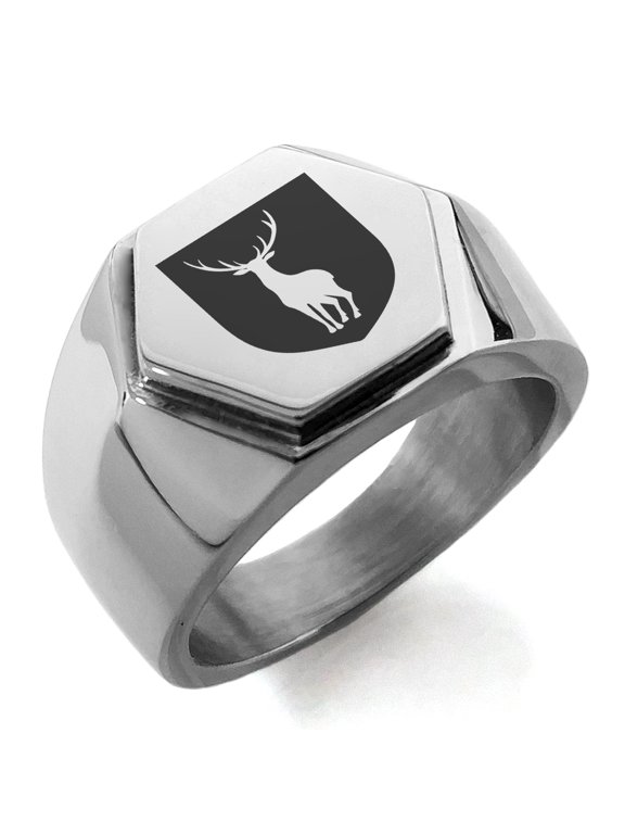 Stainless Steel Stag Purity Coat of Arms Shield Engraved Hexagon Crest Flat Top Biker Style Polished Ring