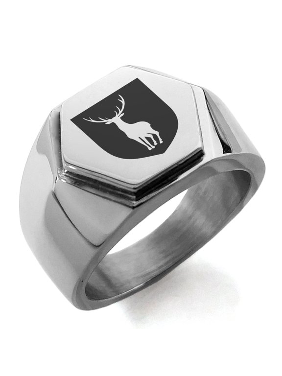 Stainless Steel Stag Purity Coat of Arms Shield Engraved Hexagon Crest Flat Top Biker Style Polished Ring