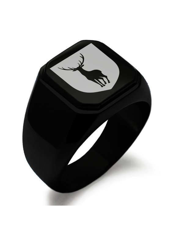 Stainless Steel Stag Purity Coat of Arms Shield Engraved Square Flat Top Biker Style Polished Signet Ring
