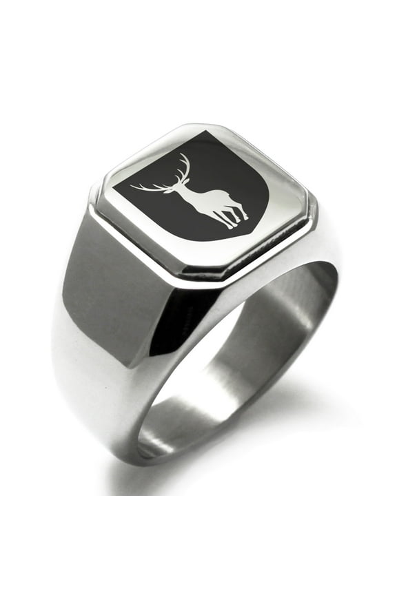 Stainless Steel Stag Purity Coat of Arms Shield Engraved Square Flat Top Biker Style Polished Signet Ring