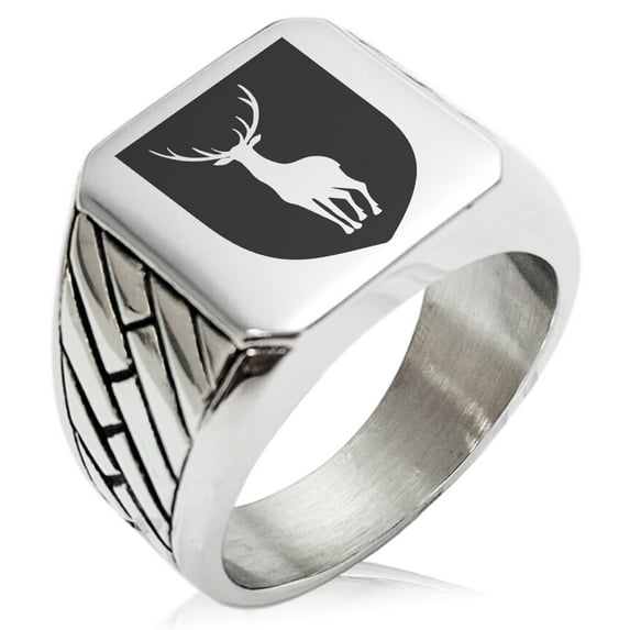 Tioneer Stainless Steel Stag Purity Coat of Arms Shield Geometric Pattern Biker Style Polished Ring