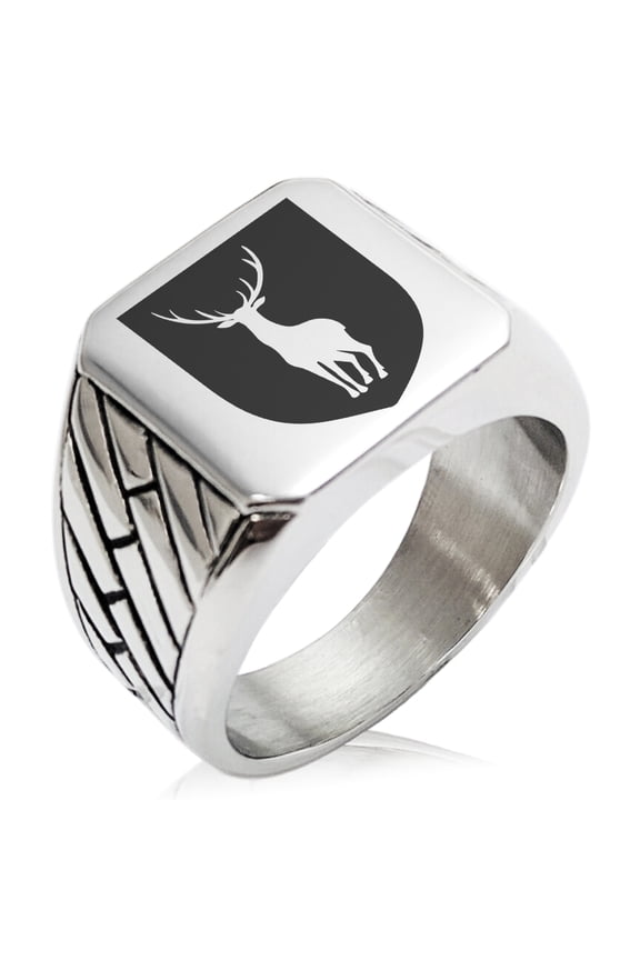 Stainless Steel Stag Purity Coat of Arms Shield Geometric Pattern Biker Style Polished Ring