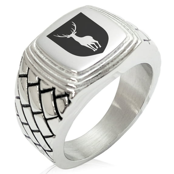Tioneer Stainless Steel Stag Purity Coat of Arms Shield Geometric Pattern Step-Down Biker Style Polished Ring