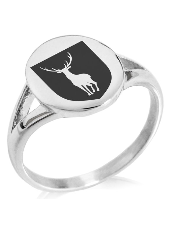 Stainless Steel Stag Purity Coat of Arms Shield Minimalist Oval Top Polished Statement Signet Ring