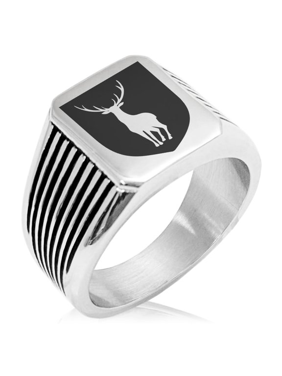 Stainless Steel Stag Purity Coat of Arms Shield Needle Stripe Pattern Biker Style Polished Ring