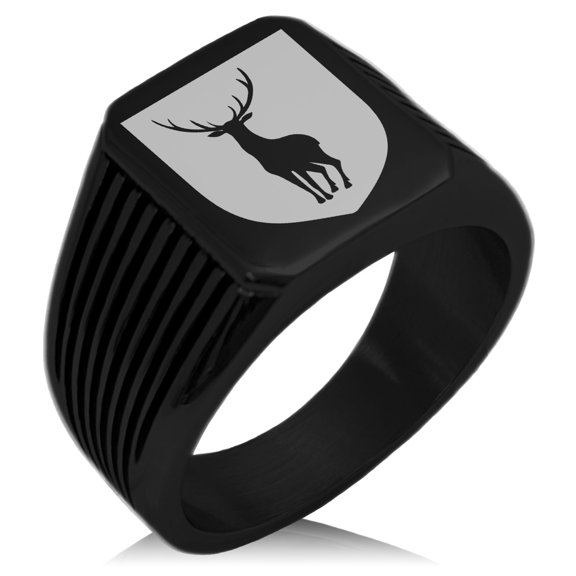 Stainless Steel Stag Purity Coat of Arms Shield Needle Stripe Pattern Biker Style Polished Ring