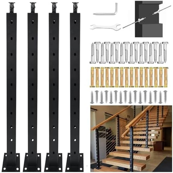 Stainless Steel Stair Cable Railing Post 42"(Post 40"x2"x2"),30 Drilled Railing Post with Adjustable Top Mount Cable Handrail Post,DIY Black Railing Post for Decks,Porchs,Balconies -4Pack