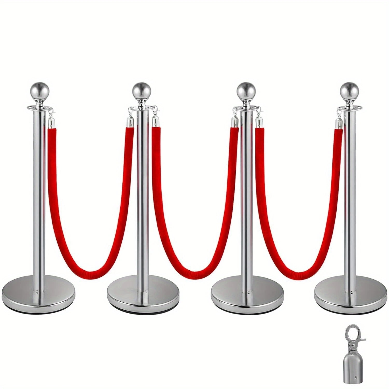 VIP Stanchion With Red Velvet Rope Stainless Steel Set Of 2 Posts Ball Round Top Crowd Control Queue Pole Barrier Ideal F Movie Theaters Carpet Party Li - View #7