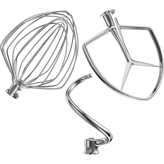 Stainless Steel Stand Mixer Attachments 3-Piece (7QT Flat Beater, 7QT Dough Hook, 7QT 9-Wire Whip Attachment) for KitchenAid Lift Stand Mixer and 7 Quart Bowl, Dishwasher Safe