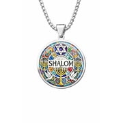 Stainless Steel Star of David Menorah Pendant Necklace   SHALOM Jewish Medallion with Colorful Mosaic Design   60cm Chain   Judaica Religious Jewelry Gift for Men & Women Silver Tone