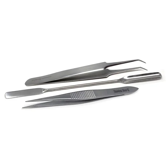 Stainless Steel Starter Pack Lab Kit With Angled Tweezers + Straight Precision Tweezers + Double Ended Mixing Lab Spatula - Set of 3