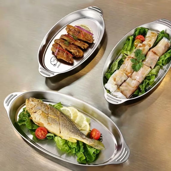 Stainless Steel Steamed Fish Plate, Thickened Oval Serving Tray, Multi-Purpose Stainless Steel Dish for Snacks, Desserts & Main Courses