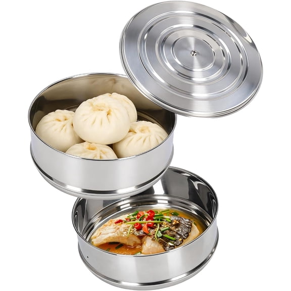 Stainless Steel Steamer Basket, Pot in Pot ID 18cm 2 Tier Stackable Steamer Insert Pans with Lid, Stacked Steaming Rack Steaming Cookware for Kitchen Cooking