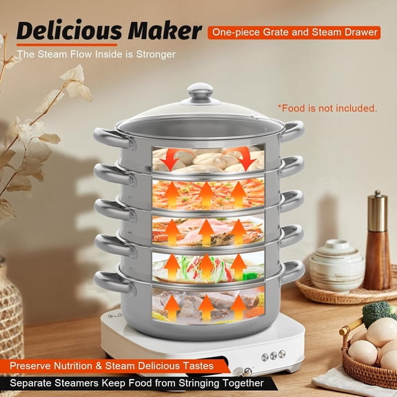 Stainless Steel Steamer Pot 26CM Thick Bottom Steamer with Tempered Glass Lid Steam Pot Set for Commercial and Home Use (26cm 5-Layer Gold+Silver)