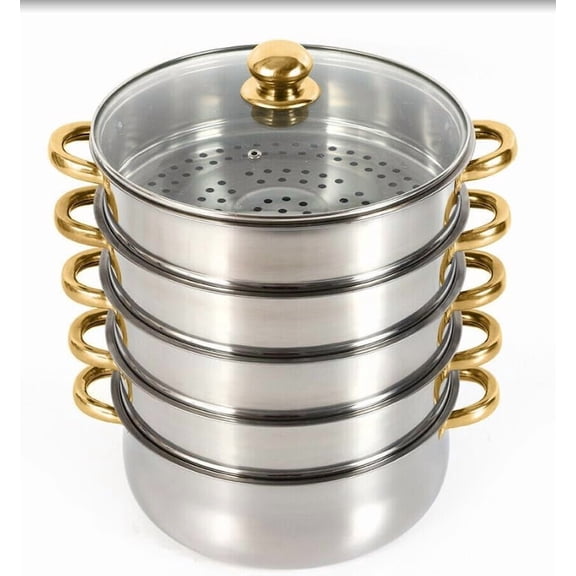 Stainless Steel Steamer Pot 30CM Thick Bottom Steamer with Tempered Glass Lid Steam Pot Set for Commercial and Home Use (30cm 5-Layer Gold+Silver)
