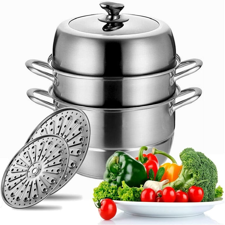 Stainless Steel Steamer Pot Thick-bottomed, 3 Tier Food Steamer for  Cooking, Large Metal Steam Cooker, Work for Induction and Stove, Suitable  for Tamale, Vegetable, Dumpling and Seafood 