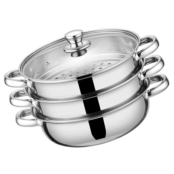 Stainless Steel Steamer Pot With Heat Resistant Glass Lid 3 Tiers Cookware