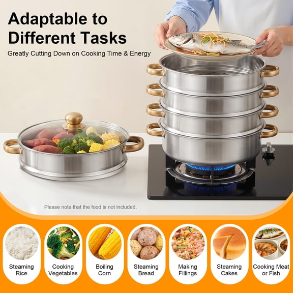 Stainless Steel Steamer Pots, Non-Stick Cooking Steam Pot Kitchen Steamer Cooker Steamer Cookware Steaming Pots (5-Tier, 30cm)