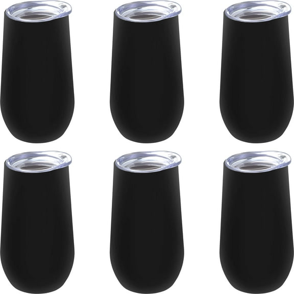 Stainless Steel Stemless Flute Wine Glasses with Lids 9 oz. Set of 6, Bulk Pack - Perfect for Wine, Champagne, Cocktails, Other Hot & Cold Beverages - Black