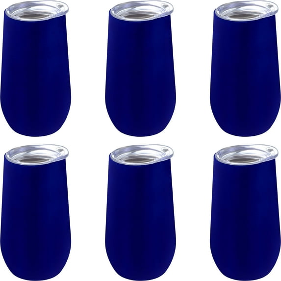 Stainless Steel Stemless Flute Wine Glasses with Lids 9 oz. Set of 6, Bulk Pack - Perfect for Wine, Champagne, Cocktails, Other Hot & Cold Beverages - Blue