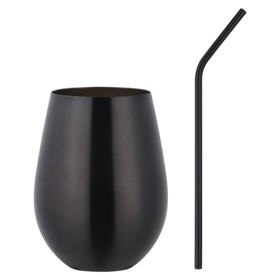 Stainless Steel Stemless Wine Glass with Straw,Unbreakable Outdoor Portable Wine Tumbler for the Pool,Camping,Cookouts,Travel,Metal Drinking Cup for Father's Day ,BPA Free,2.55x4.56 inch(Black)