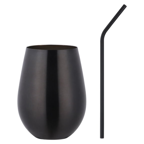Stainless Steel Stemless Wine Glass with Straw,Unbreakable Outdoor Portable Wine Tumbler for the Pool,Camping,Cookouts,Travel,Metal Drinking Cup for Father's Day ,BPA Free,2.55x4.56 inch(Black)
