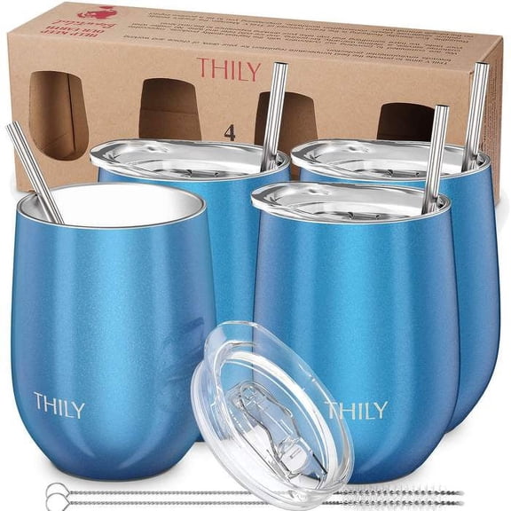 Stainless Steel Stemless Wine Glasses - THILY 4 Pack Triple Vacuum Insulated Cute Wine Tumbler Set Travel Cups with Lid, Reusable Straw, 12 oz, Keep Cold for Beer, Cocktails, Party, Sparkle Blue