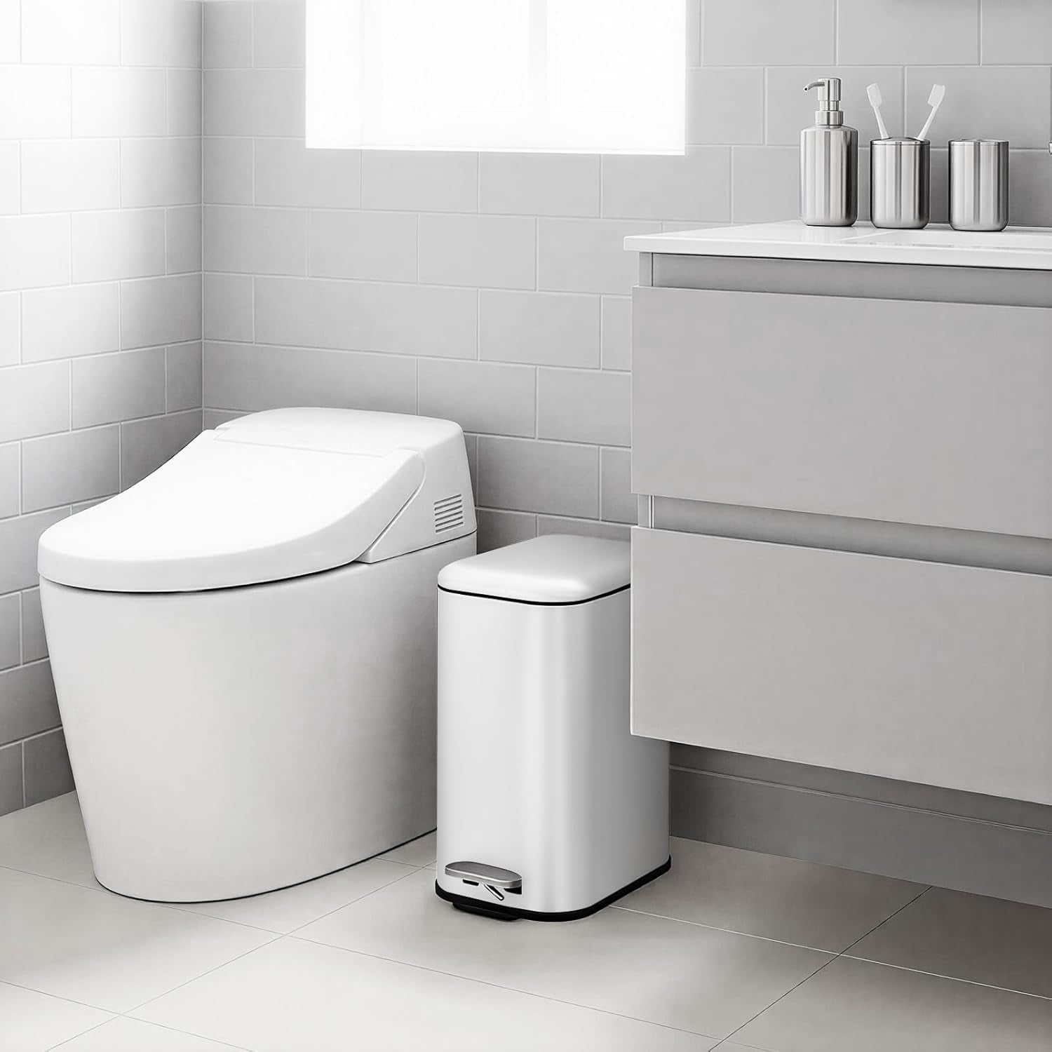 Stainless Steel Bathroom Trash Can with Lid, 3.2 Gallon Slim Step Wastebasket for Bedroom Office