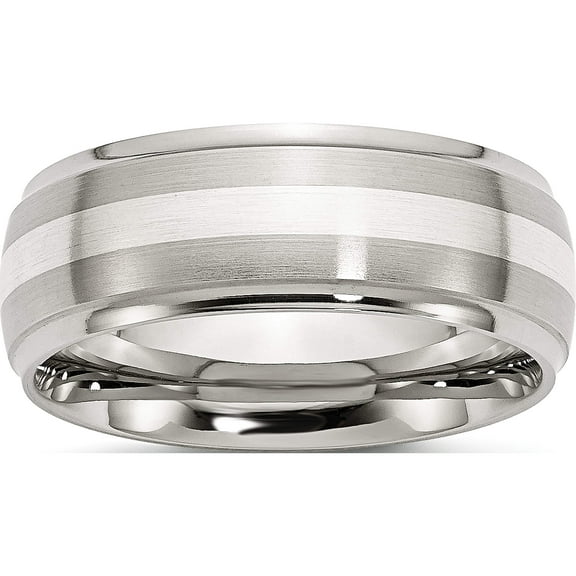 Jewelry by Sweet Pea Chisel Stainless Steel Sterling Silver Inlay Brushed and Polished 8mm Ridged Edge Band