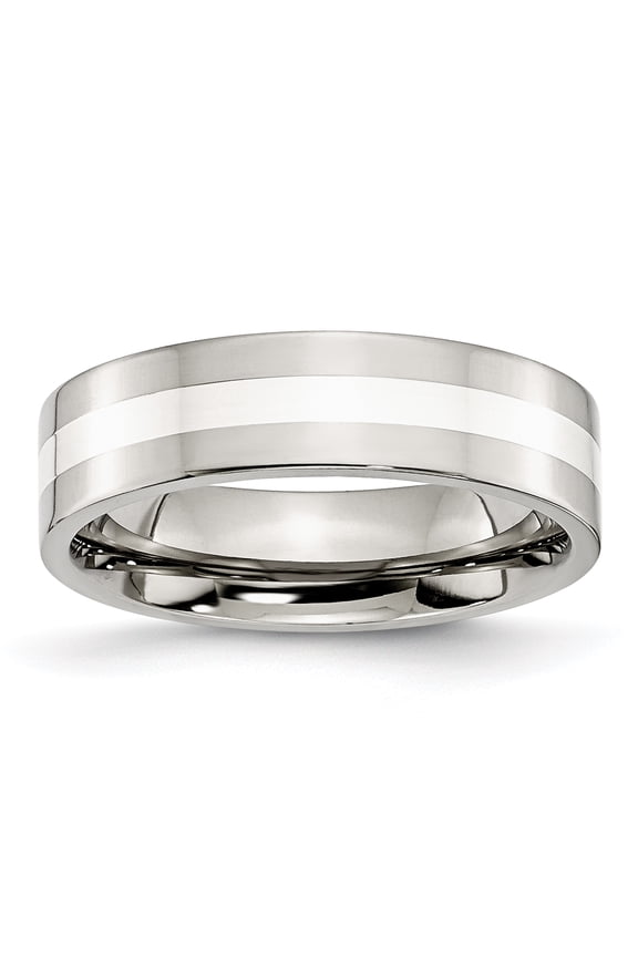 Stainless Steel Sterling Silver Inlay Flat 6mm Polished Band, Available in Multiple Sizes