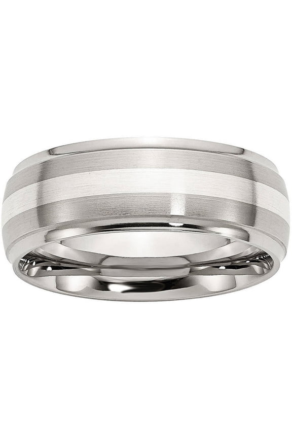 Stainless Steel Sterling Silver Inlay Ridged Edge Brushed and Polished Band, Available in Multiple Sizes