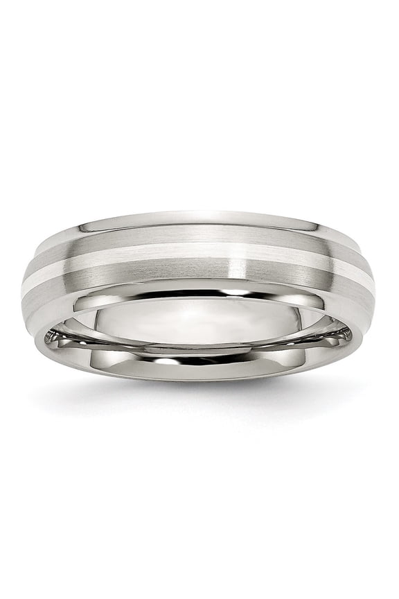Stainless Steel Sterling Silver Inlay Ridged Edge Brushed and Polished Band