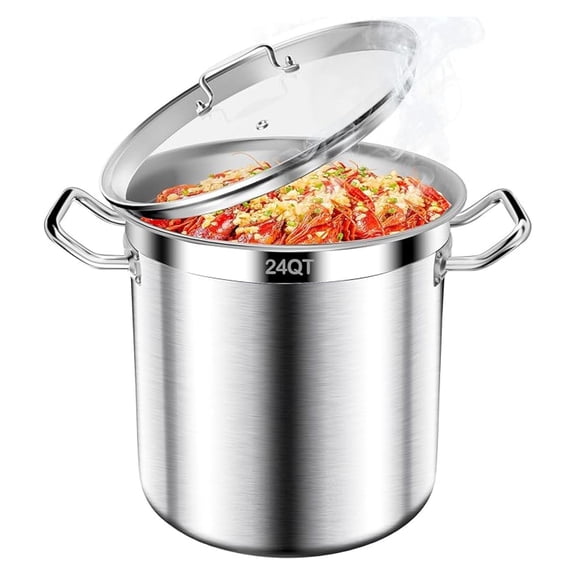Stainless Steel Stock Pot-24QT Heavy Duty Induction Cooking Pot with Visible Lid, Grade Stock Pot & Stockpots for Boiling Cooking Soup Stew Canning Cooking Pots,Big Stockpot, Deep Cookware