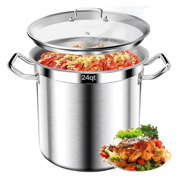 Stainless Steel Stock Pot - 24QT Heavy Duty Induction Cooking Pot with Visible Lid, Nonstick Thick Bottom Big Stockpot, Deep Cookware for Canning, Boiling Beer Brewing, Soup, Seafood Boil Soup Pots